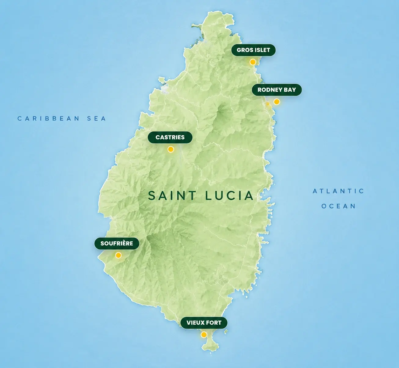 St Lucia Taxi and Tours service area map for airport transfers, private transportation, and island tours
