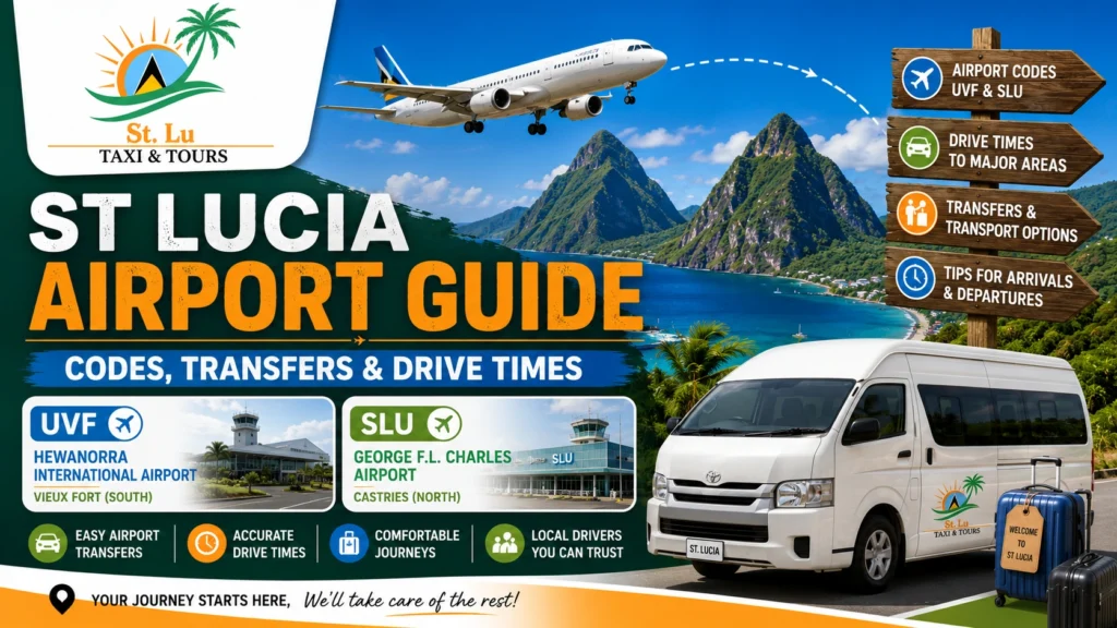 St Lucia Airport Guide featuring Hewanorra International Airport (UVF), George F.L. Charles Airport (SLU), airport transfers, drive times, and private transportation by St. Lu Taxi & Tours.