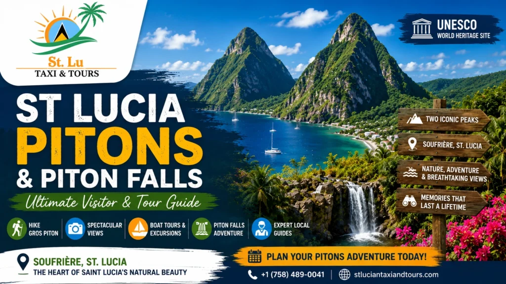 St Lucia Pitons and Piton Falls with breathtaking views near Soufrière, featuring Gros Piton, Petit Piton, hiking tours, and private excursions by St. Lu Taxi & Tours.