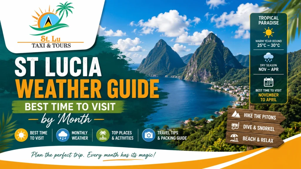 St Lucia weather guide featuring the Pitons, tropical climate, and the best time to visit Saint Lucia by month with St. Lu Taxi & Tours.