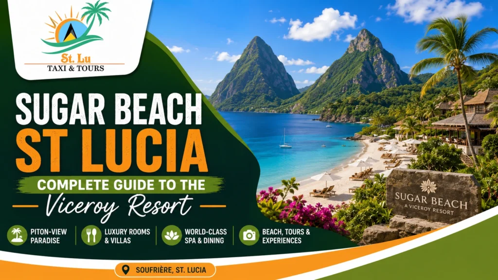 Sugar Beach, A Viceroy Resort in St. Lucia, featuring the Pitons, white sand beach, luxury villas, and tropical Caribbean scenery.