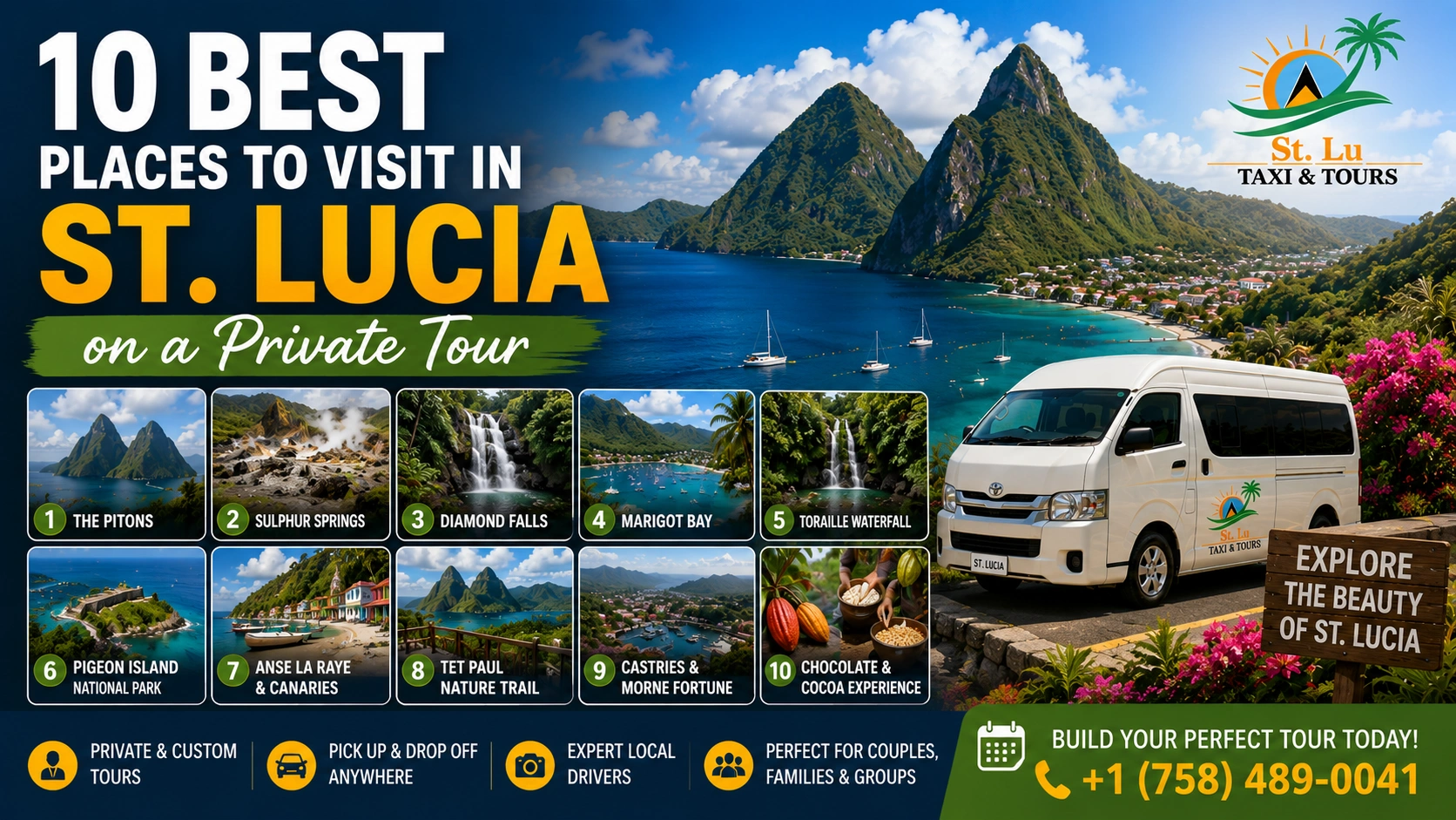 10 best places to visit in St. Lucia on a private tour, featuring the Pitons and island attractions